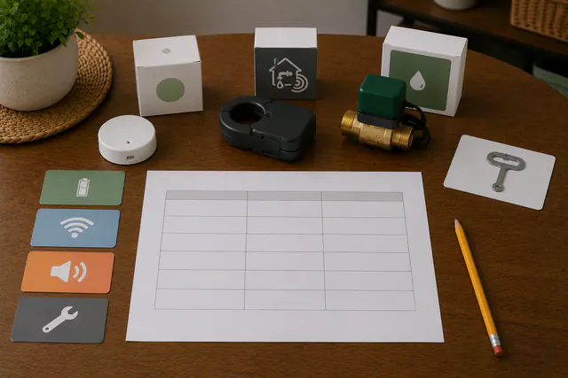 An overhead comparison of three uninstalled generic leak-response device categories on a dry table — a moisture puck, an unattached pipe-monitor shape, and an uninstalled in-line component — with a manual valve key, a blank matrix, and text-free cards.