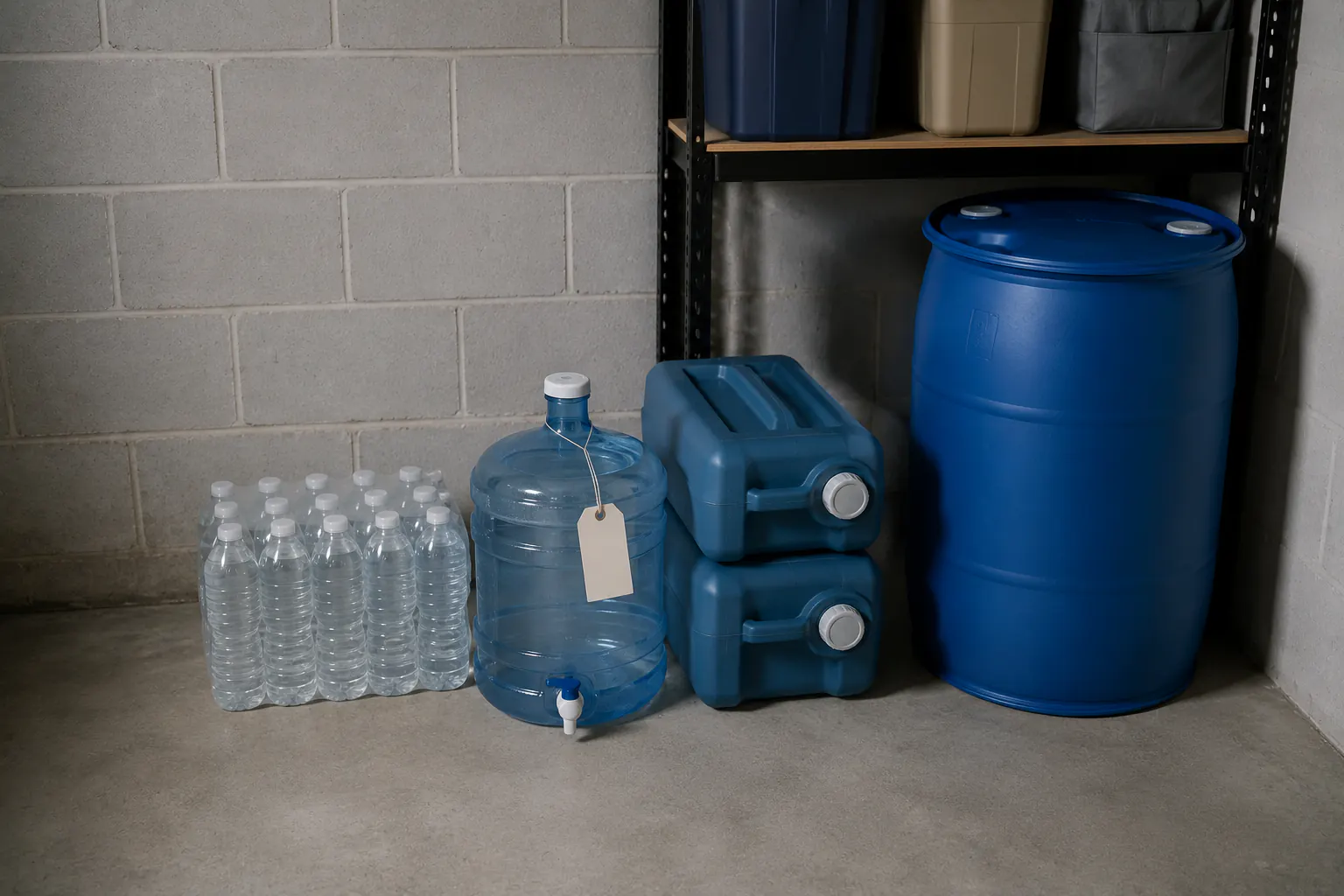 A case of bottled water, a translucent jug with a spigot, two stackable containers, and a blue storage drum in a basement corner.