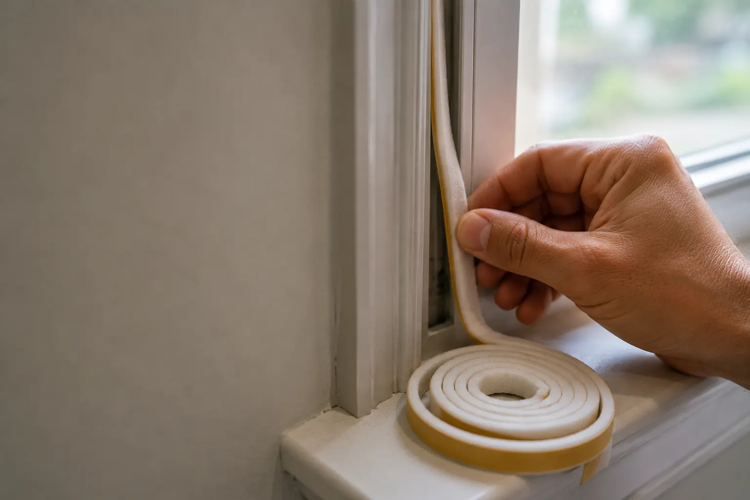 Hand applying weatherstripping along an interior window frame.
