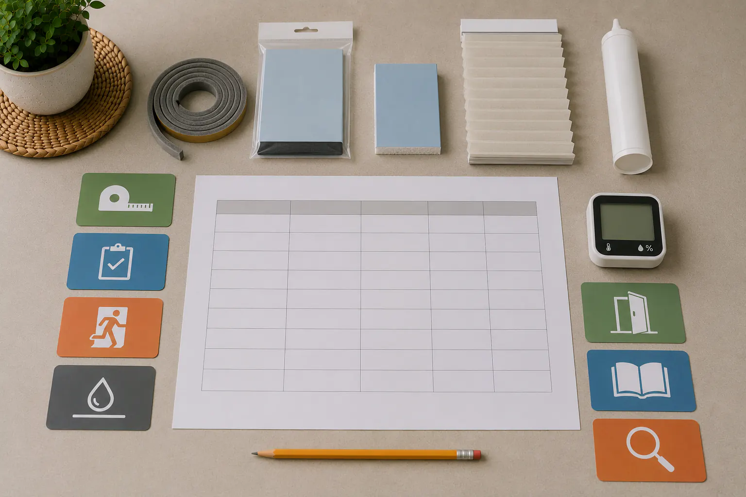 An overhead comparison of uninstalled weatherproofing categories on a table — a weatherstrip roll, a closed window-film package, a rigid insert sample, a cellular-shade fabric sample, a capped sealant cartridge, and a switched-off humidity gauge — with a blank matrix and text-free cards.