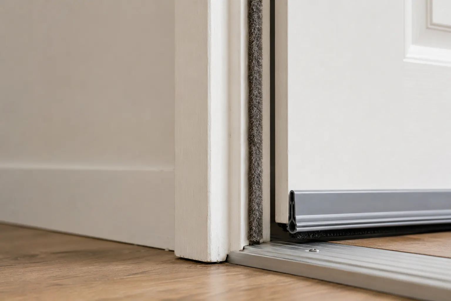 A closed exterior door with weatherstripping visible along the frame and a clear interior floor path.