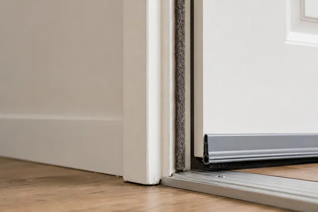 A closed exterior door with weatherstripping visible along the frame and a clear interior floor path.