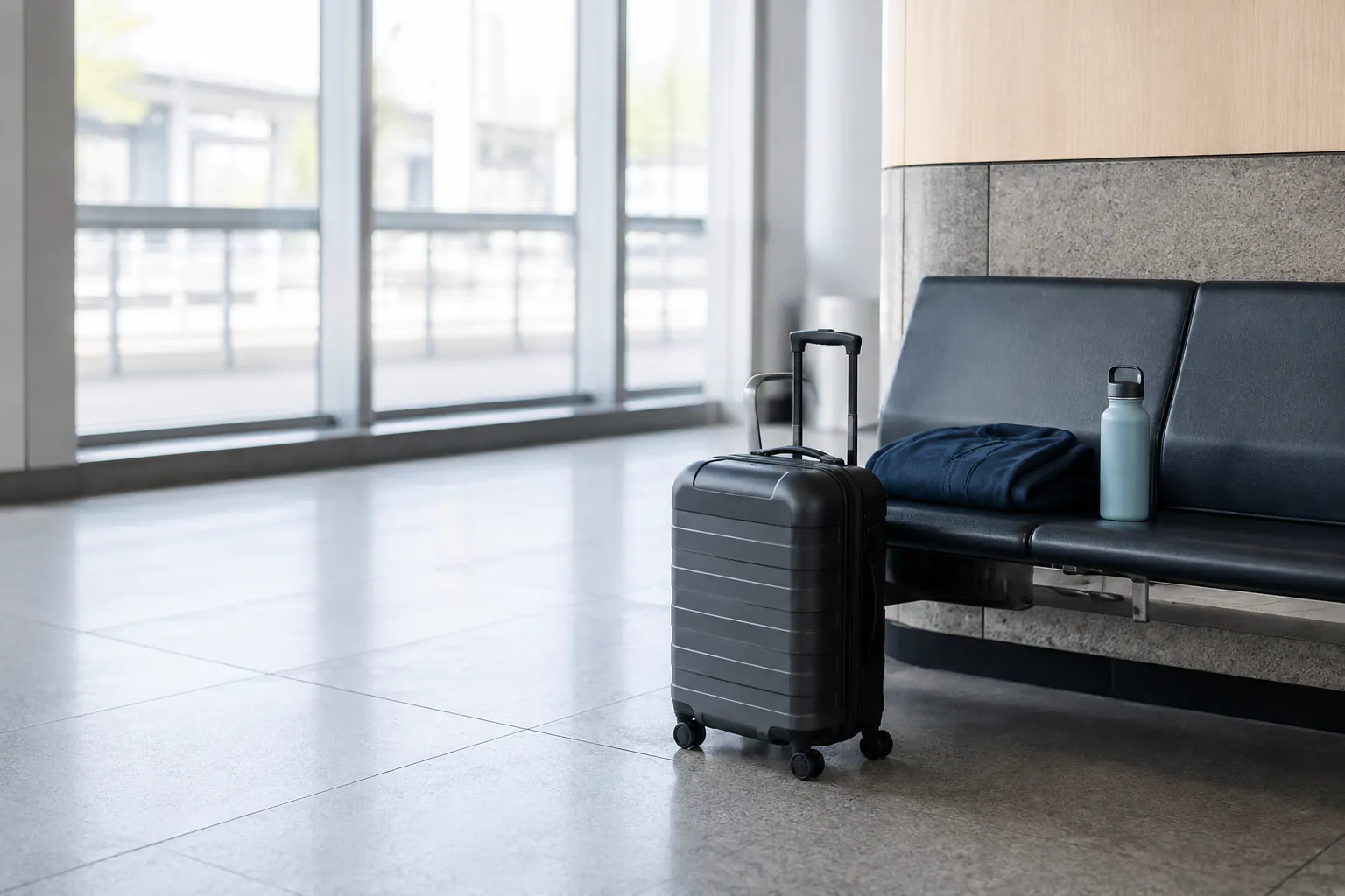 A closed carry-on case standing beside an empty bench in a quiet transit waiting area, with a folded jacket and a water bottle on the seat.
