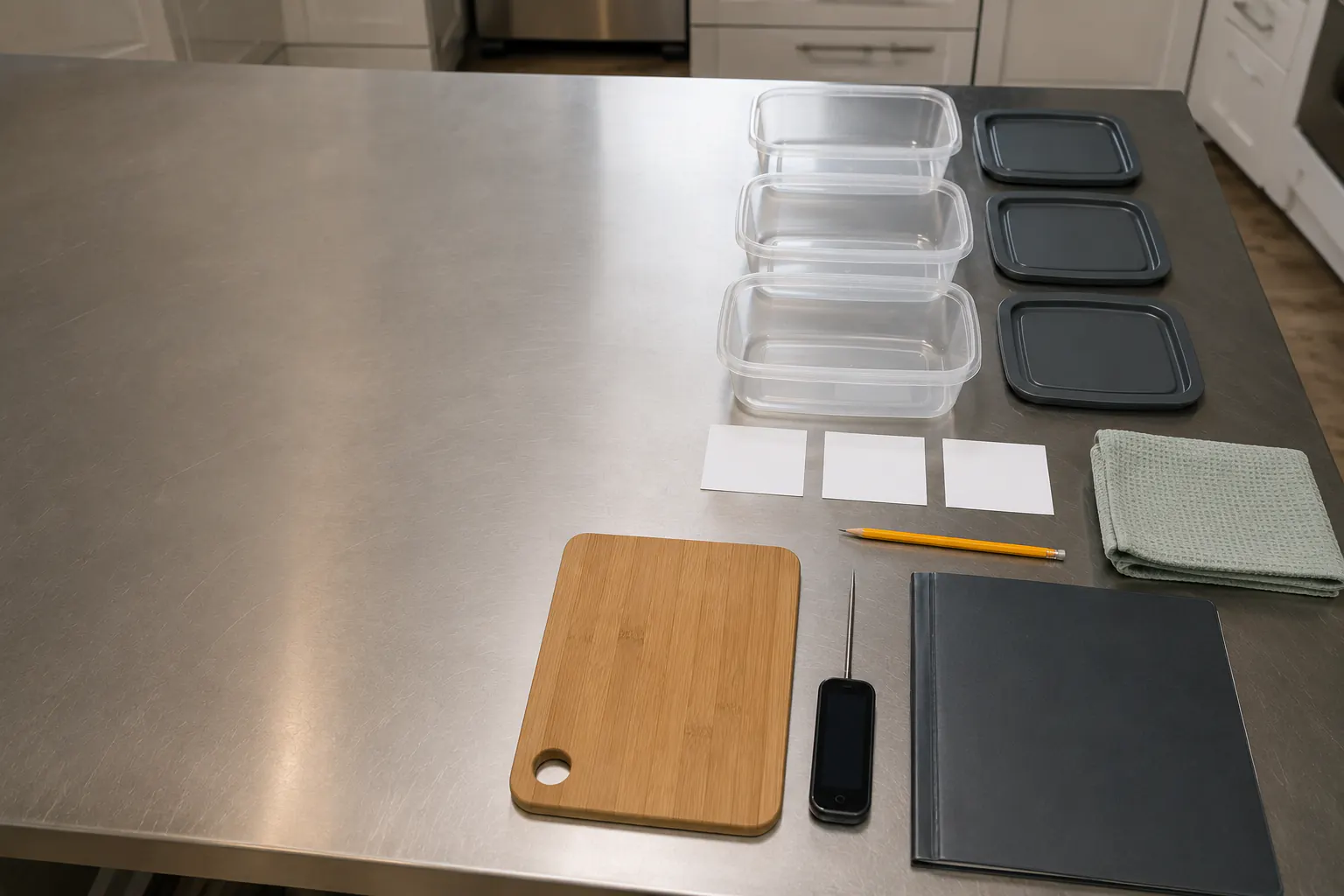 Three clean empty food-suitable containers with lids beside them, three blank removable cards, a pencil, a folded towel, and an empty cutting board on a spotless kitchen worktable.