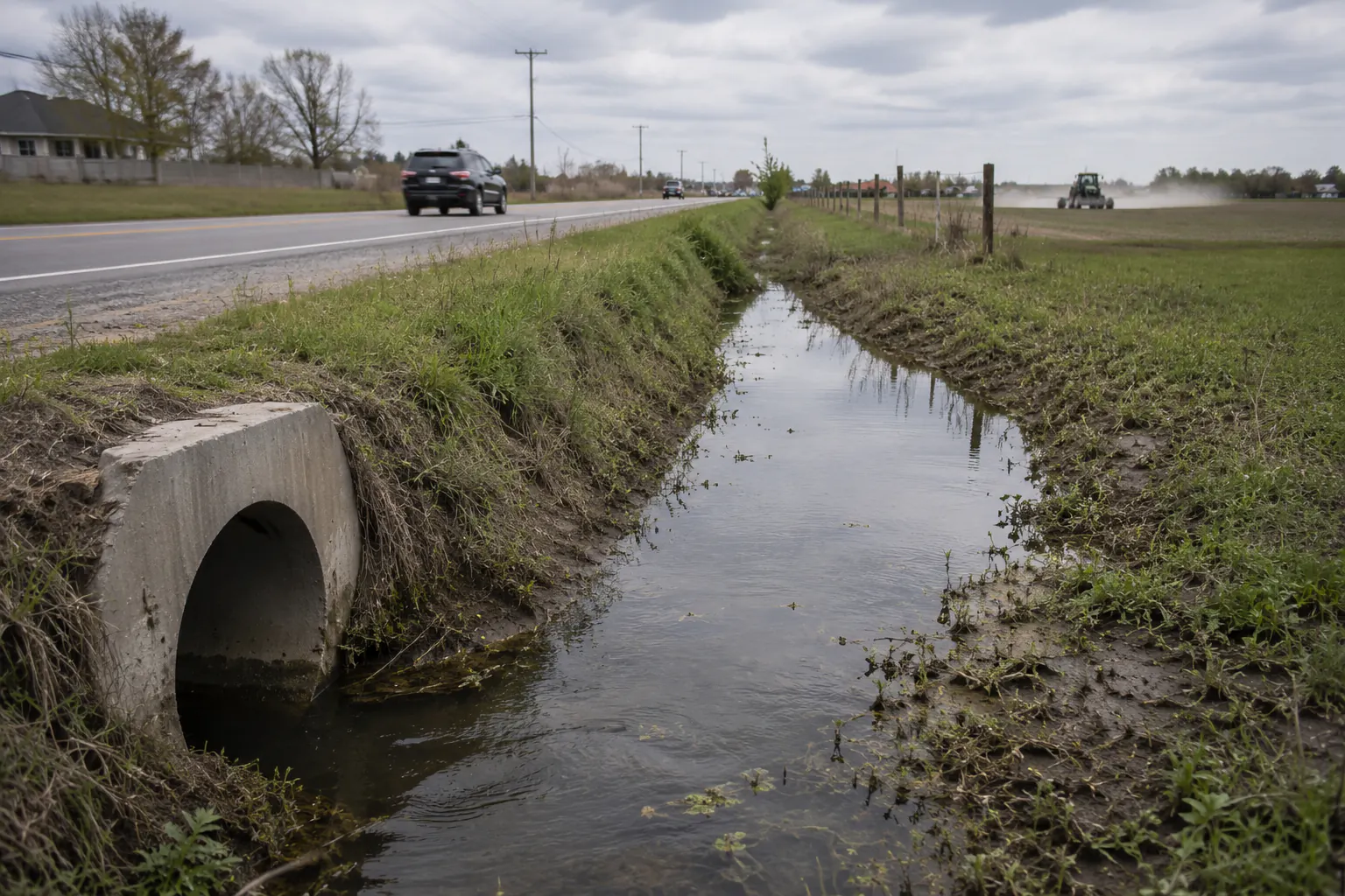 Roadside drainage channel beside a rural highway.