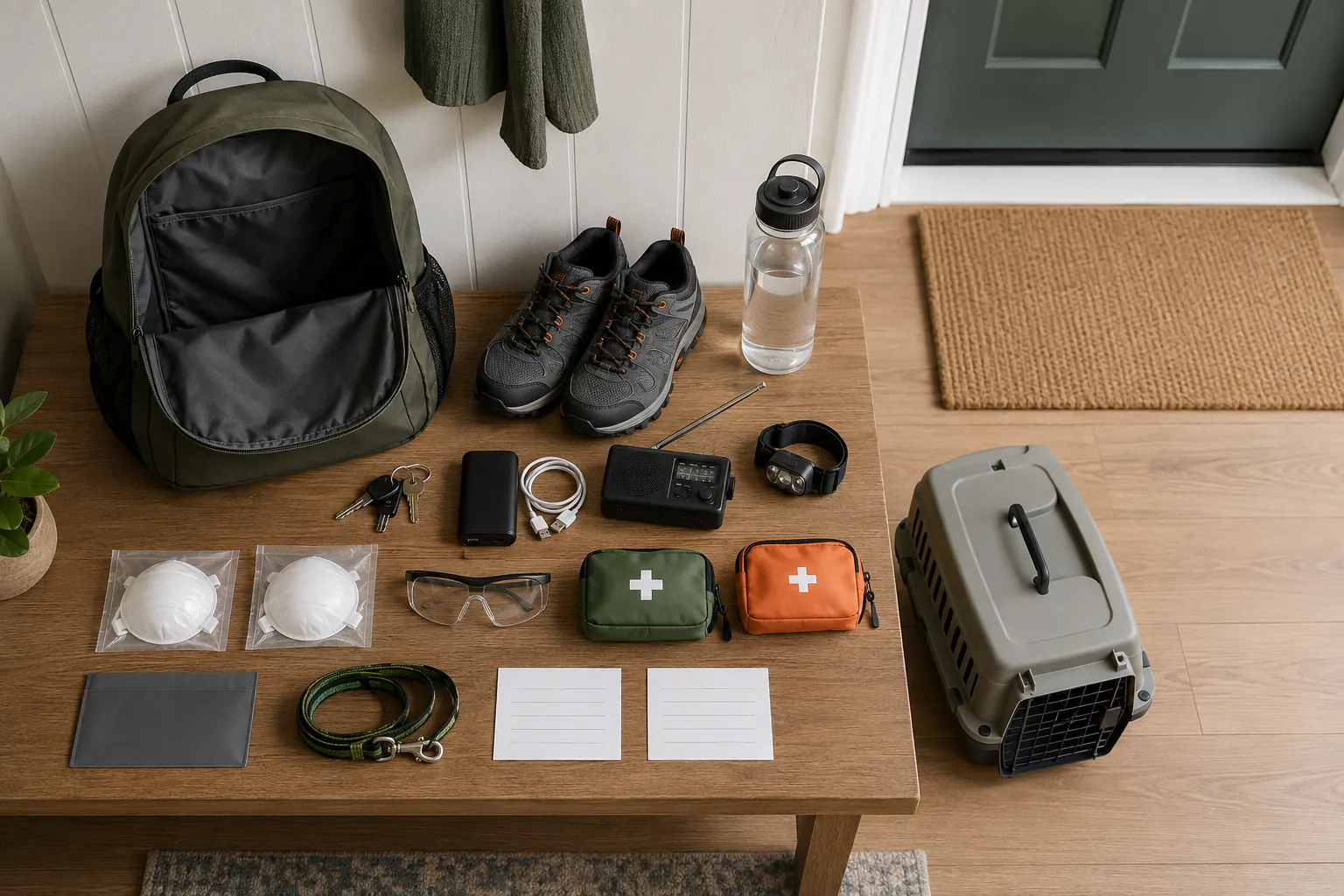 Wildfire evacuation supplies arranged at a dry entryway with a backpack, shoes, water, radio, headlamp, sealed respirators, protective glasses, first-aid pouches, pet leash, blank route cards, and pet carrier.