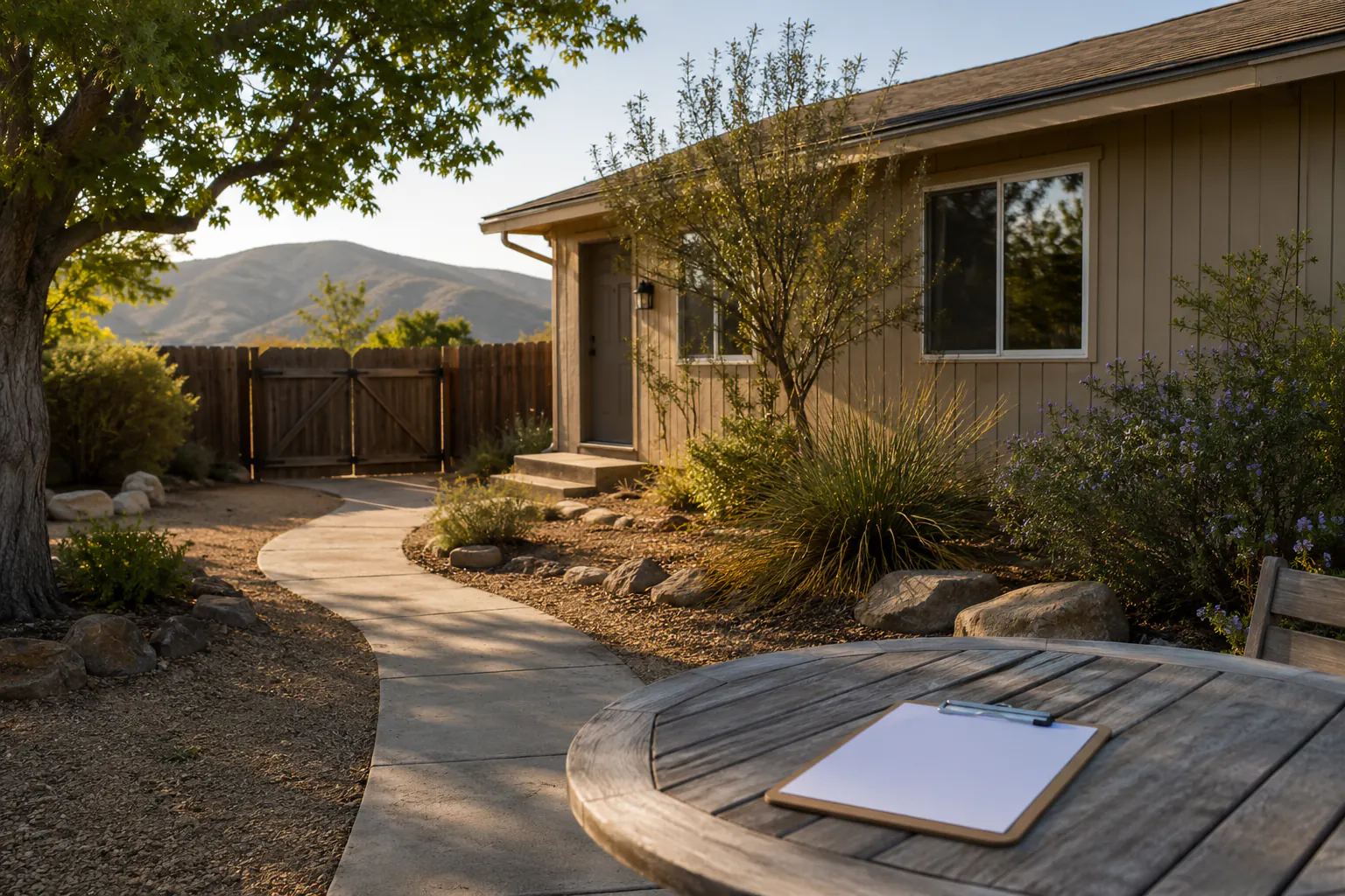 A modest rural home in a dry non-emergency landscape at late afternoon, with a closed gate, a clear walking path, distant hills, and a blank clipboard resting on an outdoor table.