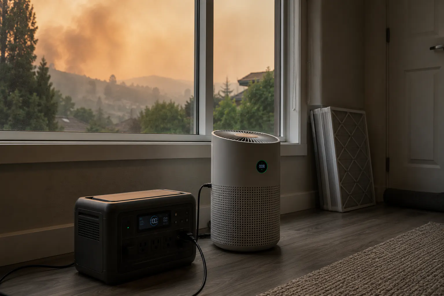 Portable air cleaner and power station near a window with wildfire smoke outside.