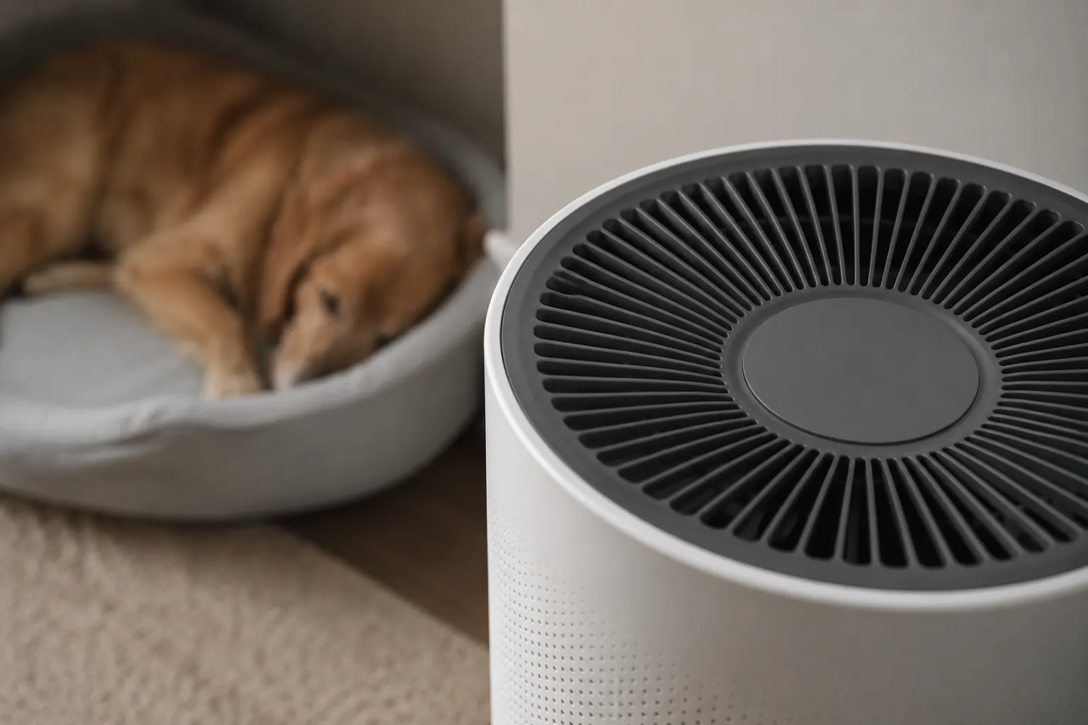 A closed interior room with a portable air cleaner running beside a pet bed and closed carrier, no animal present.