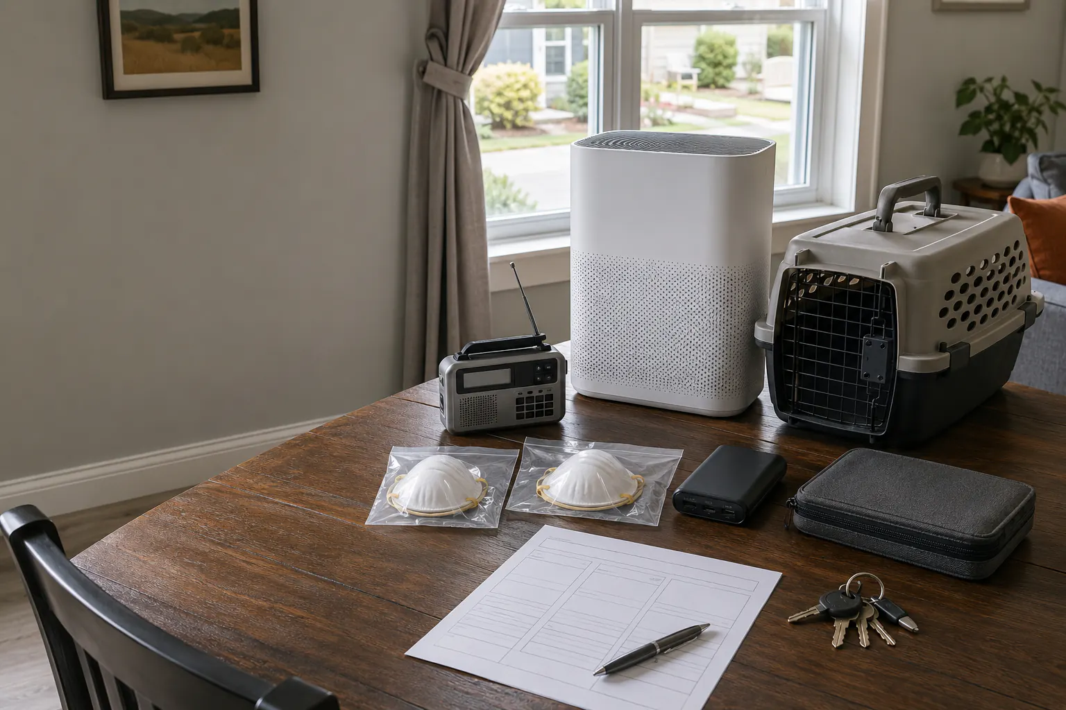 A dining table with a plain portable air cleaner, a battery weather radio, two respirators still sealed inside clear unopened packages, a power bank, a closed document pouch, keys, a pet carrier, and a blank printed household plan, with a closed window showing an ordinary clear day.