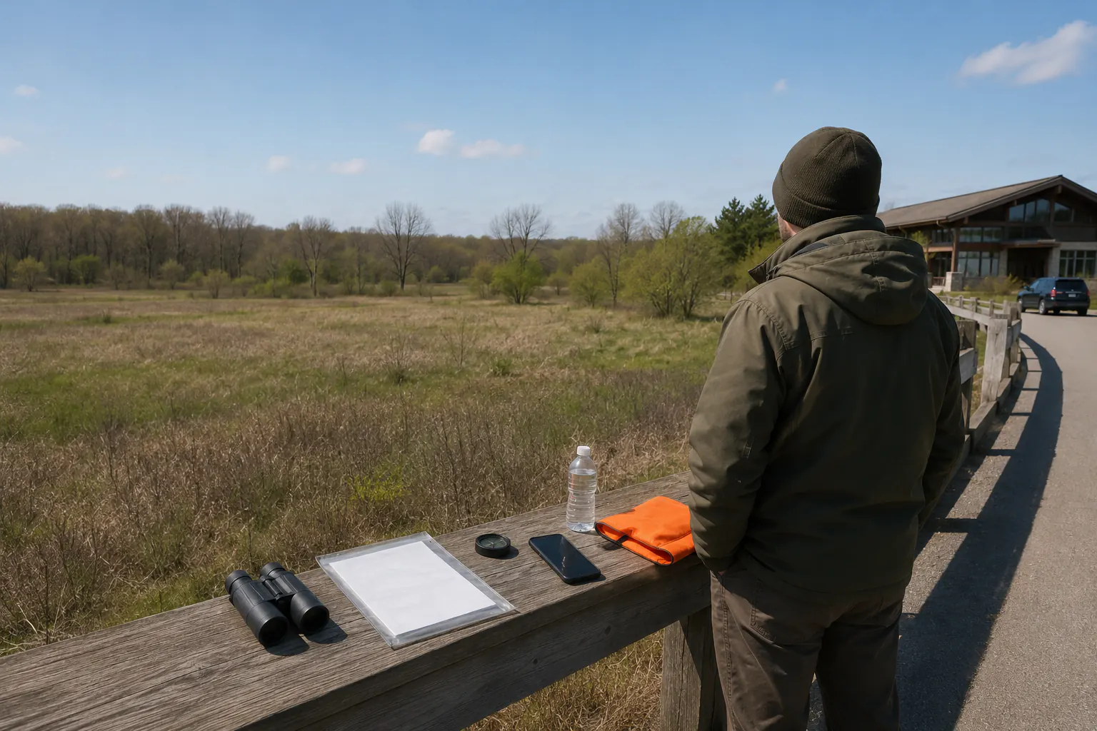 Compact binoculars resting on a viewing rail beside a folded blank map in a transparent sleeve and a plain compass, at a maintained wildlife-viewing area on an observation-only outing.
