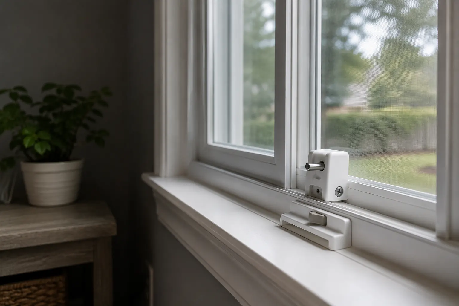 Window latch and locking hardware on an interior window frame.