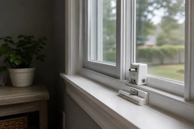 Window latch and locking hardware on an interior window frame.