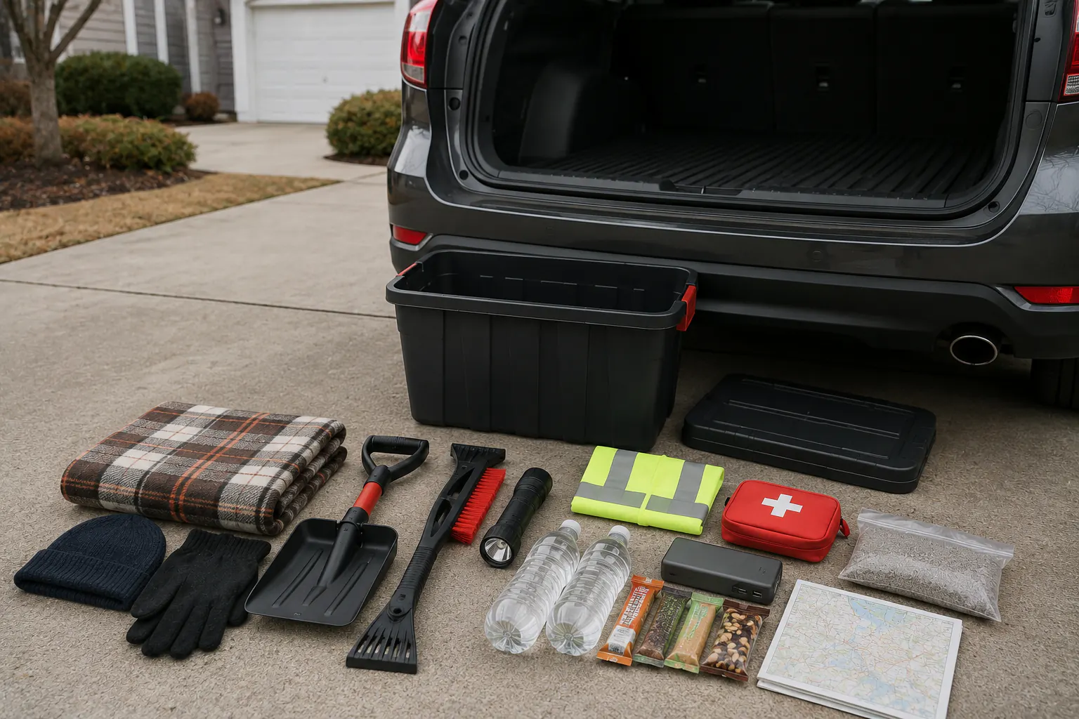 A winter car kit laid out beside an open car cargo area: folded blanket, hat and gloves, snow shovel, ice scraper, flashlight, hi-vis vest, first-aid pouch, power bank, water bottles, snacks, a paper map, and traction material, with one lidded storage tote.