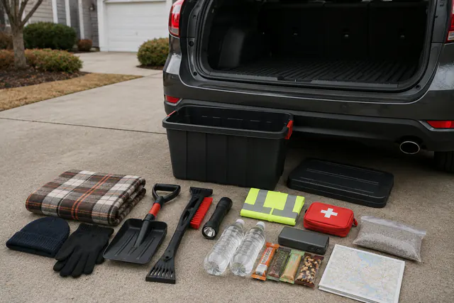 A winter car kit laid out beside an open car cargo area: folded blanket, hat and gloves, snow shovel, ice scraper, flashlight, hi-vis vest, first-aid pouch, power bank, water bottles, snacks, a paper map, and traction material, with one lidded storage tote.