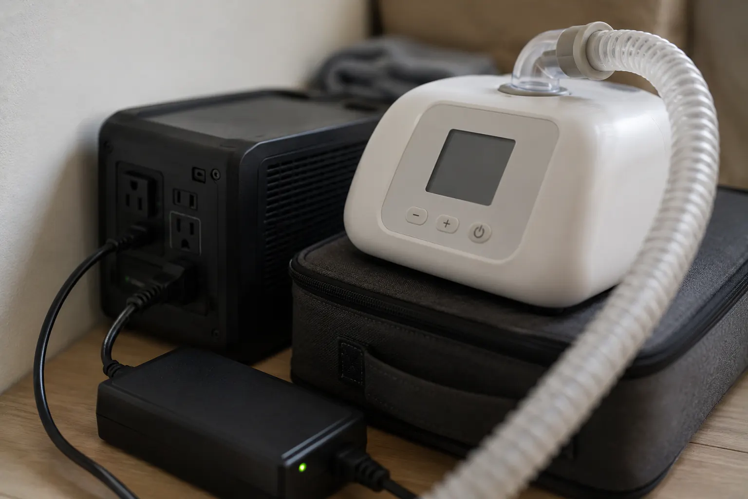 A closed medical device case and a charged battery bank on a bedside table in a warm interior room during winter.