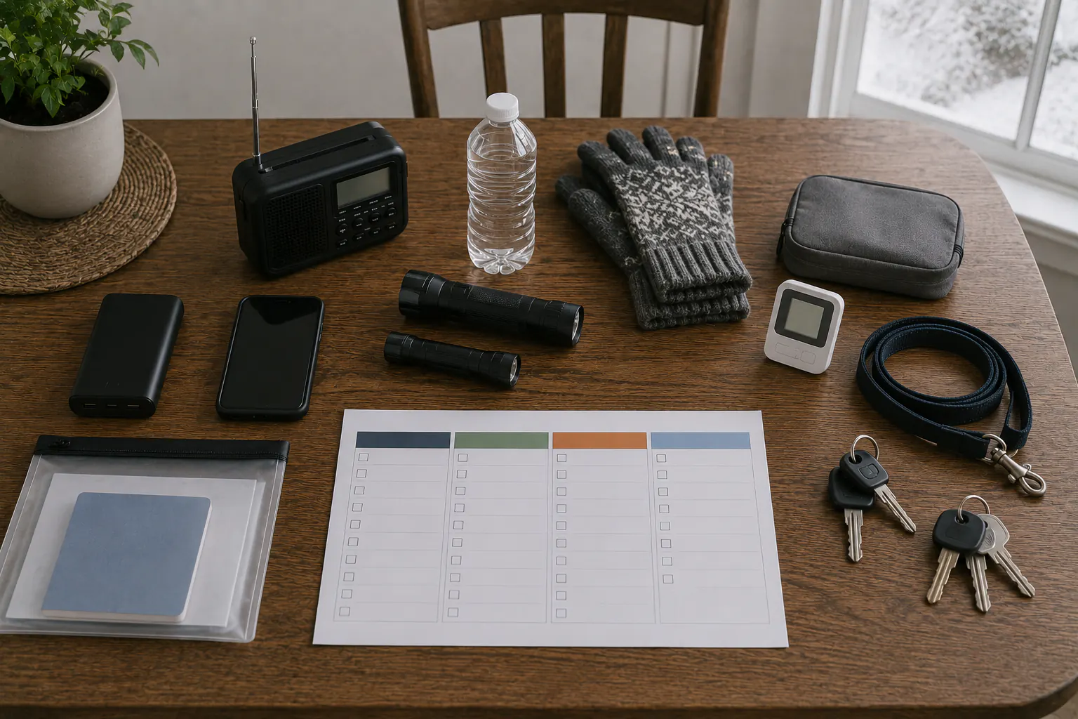 Winter-preparation workspace with a blank four-column checklist, radio, water, gloves, flashlights, phone, power bank, thermometer, document pouch, pet leash, and keys.