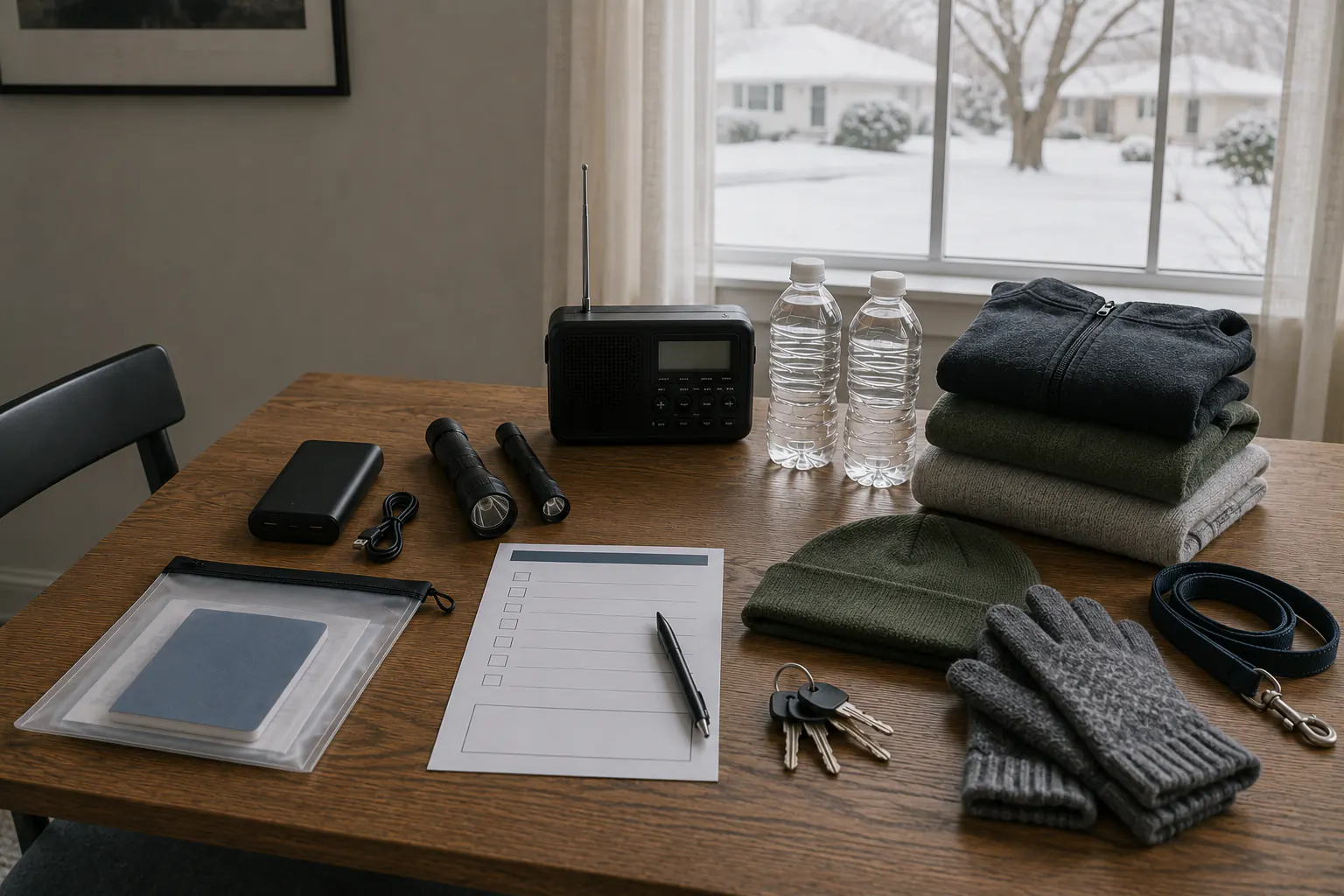 Winter-storm planning table with a radio, flashlights, water, warm clothing, gloves, keys, pet leash, and blank checklist beside a closed window overlooking settled snow.