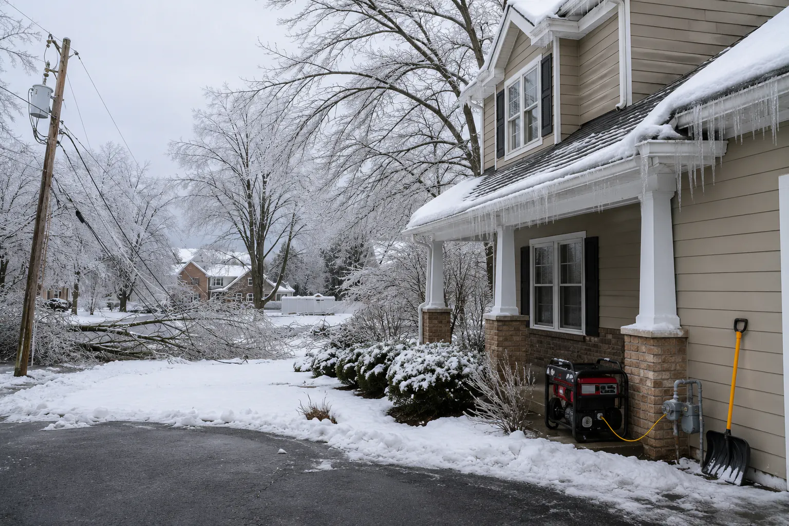 A snow-covered residential roofline and a cleared path viewed from safe ground level, with nobody on the roof.