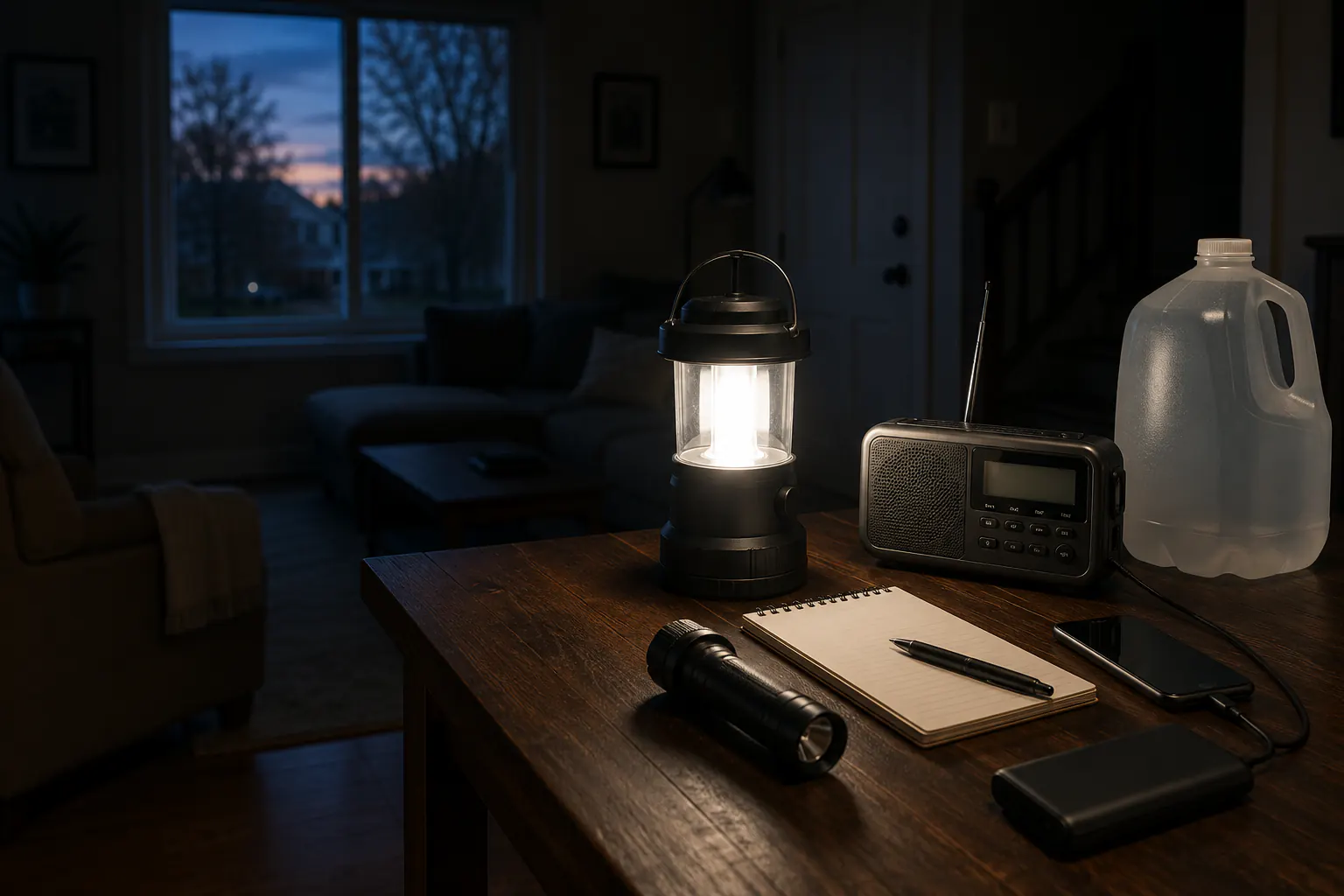 Battery lantern, weather radio, water jug, notebook, flashlight, phone, and power bank arranged on a table in a dark home.